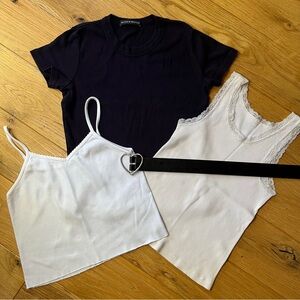 Brandy Melville Blue Tee, White Crop Tank, Light Pink Tank & Heart Belt Bundle